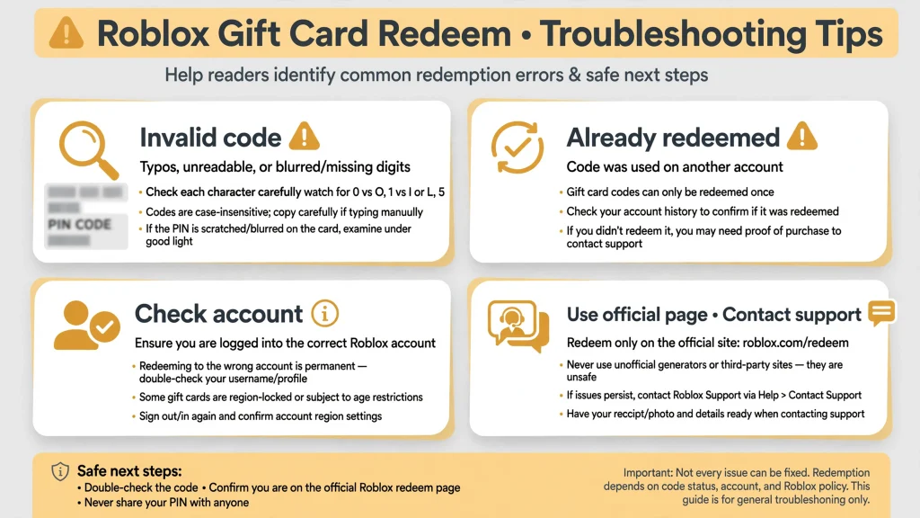 Roblox Gift Card Redeem troubleshooting tips for invalid, used, or unreadable gift card codes