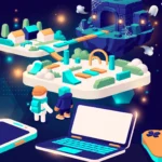 Original illustration of blocky avatars, an obstacle course and a town representing the Roblox platform