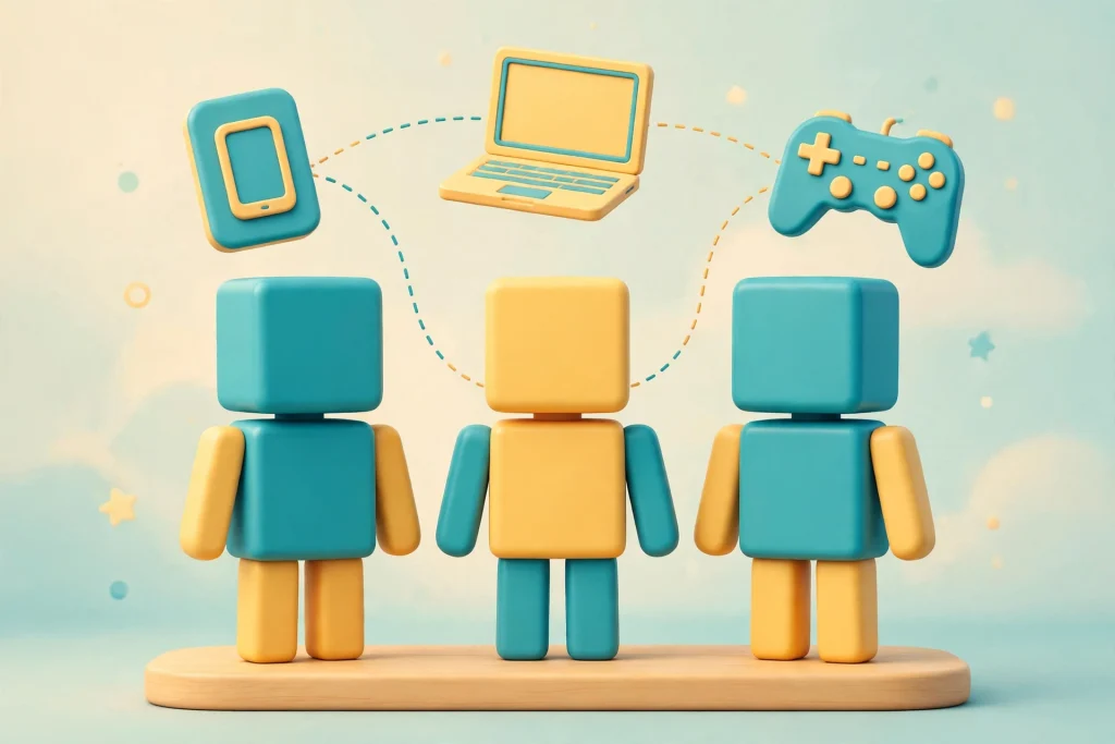 Three blocky avatars on a phone, a laptop and a console joining the same Roblox world together