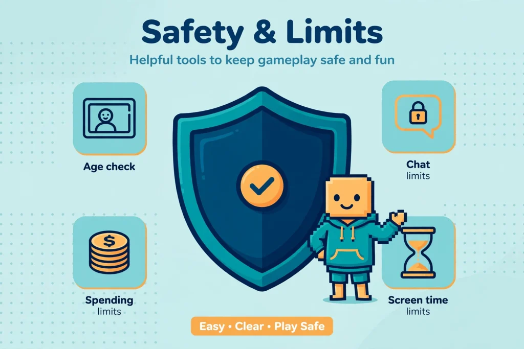  Blocky avatar with a shield and checklist illustrating Roblox safety and getting started steps