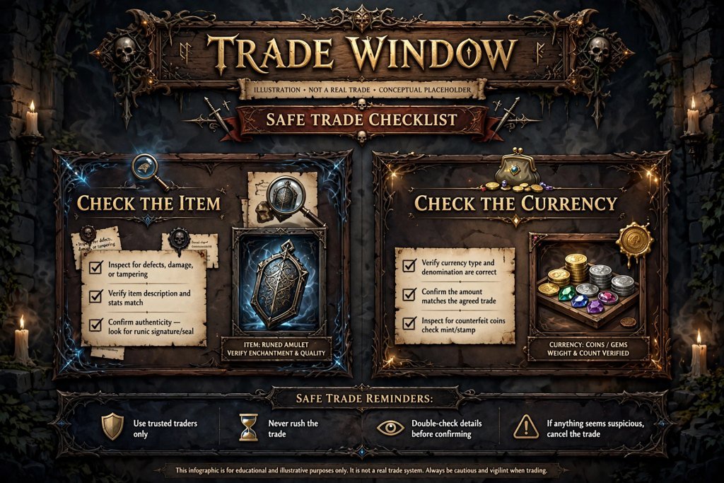 Illustrated trade window with callouts to check the item and the currency before accepting
