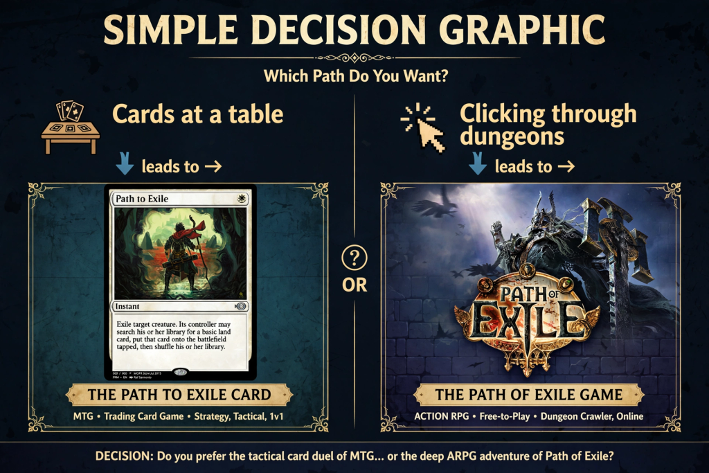 Decision graphic showing whether you want the Path to Exile card or the Path of Exile game 